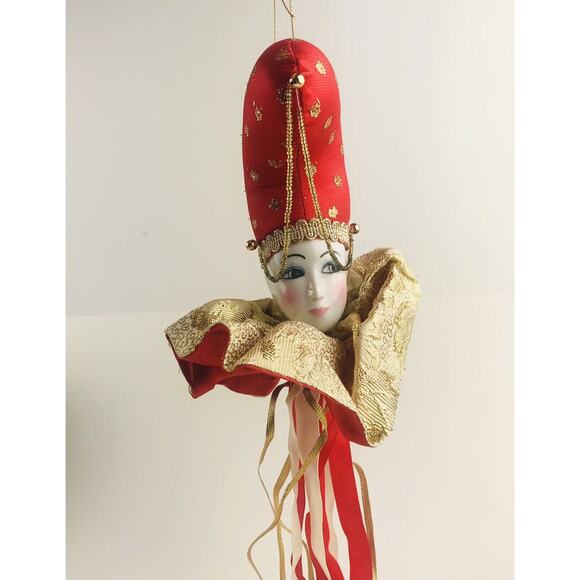 Porcelain Face COURT JESTER Ornament Cushion Ribbon Gold Red Clown Pink Cheeks - Picture 2 of 8